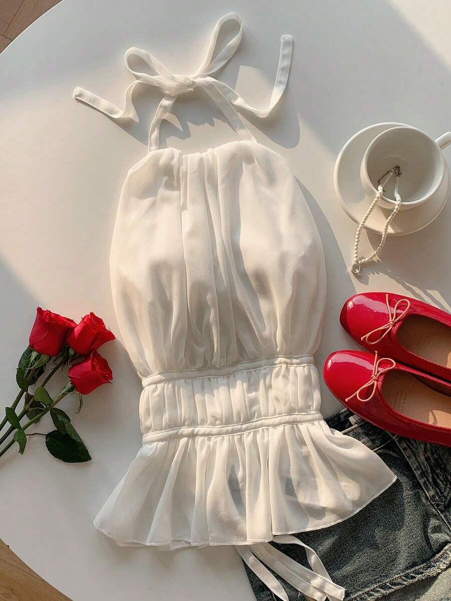 Camiseta sin espalda con pliegues y cintura ceñida, amarilla, para primavera/verano - Blanco - Ver 1
