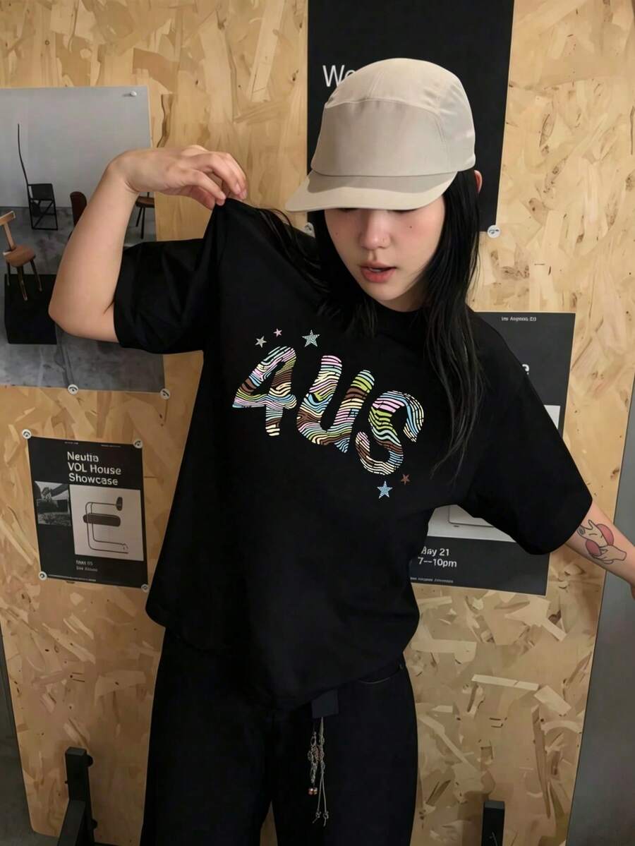 200g 100% Cotton T-Shirt, 2026 Summer Fashion Printed Short-Sleeve T-Shirt, Couple Style, Innerwear, Outerwear, Office Casual Round Neck Short-Sleeve Top - Black [Fun T-shirt/Women's Summer Clothing] - View 1