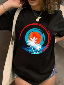 Summer T-Shirt, 100% Cotton, Maija Women's T-Shirt, Summer Solstice Party, Midsummer, Midnight Sun, Solstice T-Shirt, Short Sleeve, Crew Neck, Casual Top For Summer & Spring, Women's Clothing, Cotton T-Shirt, Tops For Women - Black - View 1