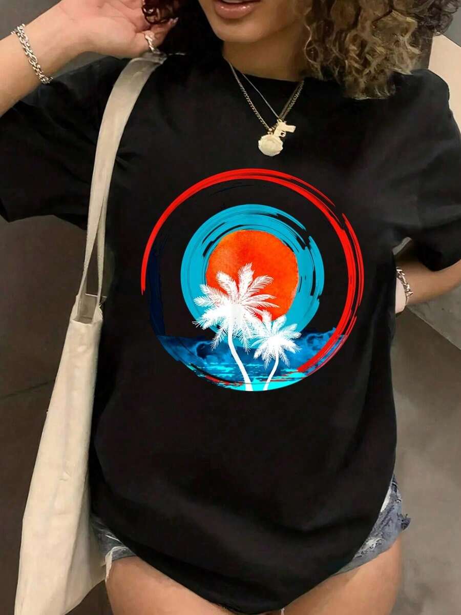 Summer T-Shirt, 100% Cotton, Maija Women's T-Shirt, Summer Solstice Party, Midsummer, Midnight Sun, Solstice T-Shirt, Short Sleeve, Crew Neck, Casual Top For Summer & Spring, Women's Clothing, Cotton T-Shirt, Tops For Women - Black - View 1