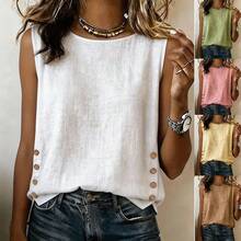 2026 Summer New Women's Round Neck Casual Loose Button Cotton Linen Solid Color T-Shirt - White - View 2
