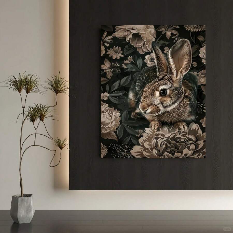 Enmarcado  plano 2D de 1 pieza estilo Art Déco con conejo y flores, con marco - Orientación vertical, marco duradero de poliestireno/, ideal para el hogar, oficina, bar, cafetería, aula, dormitorio, uso interior/exterior, perfecto para la temporada de primavera y regalos navideños,  para la sala de estar - Enmarcado - Ver 1