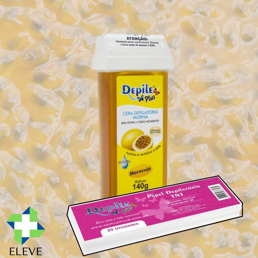 Kit Cera Depilatória Roll-On 140g Depile Plus + 20 Unidades Papel Depilatório Rollon Depilação Cera Quente - Maracujá - Visão 1