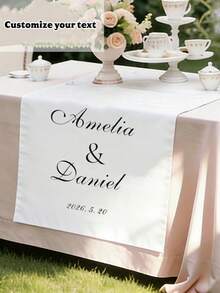 1pc Customized Wedding Table Runner, Personalized Text, Couple Names And Date Table Decor, Suitable For Rustic Wedding, Garden Wedding And Reception Table Romantic Table Runner - White - View 4
