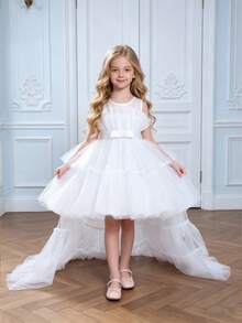 Girls' Elegant Bowknot Tulle Trailing Puff Dress, Suitable For Birthday Party, Banquet, Does Not Include Headband - White - View 7