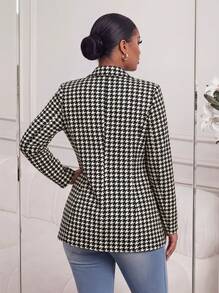 SHEIN Lady CURVE Plus Size Women Houndstooth Print Open Front Casual Commuter Jacket, Spring/Autumn - Black and White - View 2