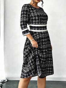 Plus Size Women Elegant Vintage Dress, Spring/Summer 3/4 Sleeve Casual Dress, Ladies Holiday Beach Outfit, Versatile Casual Dress Vacation Black - Black - View 1