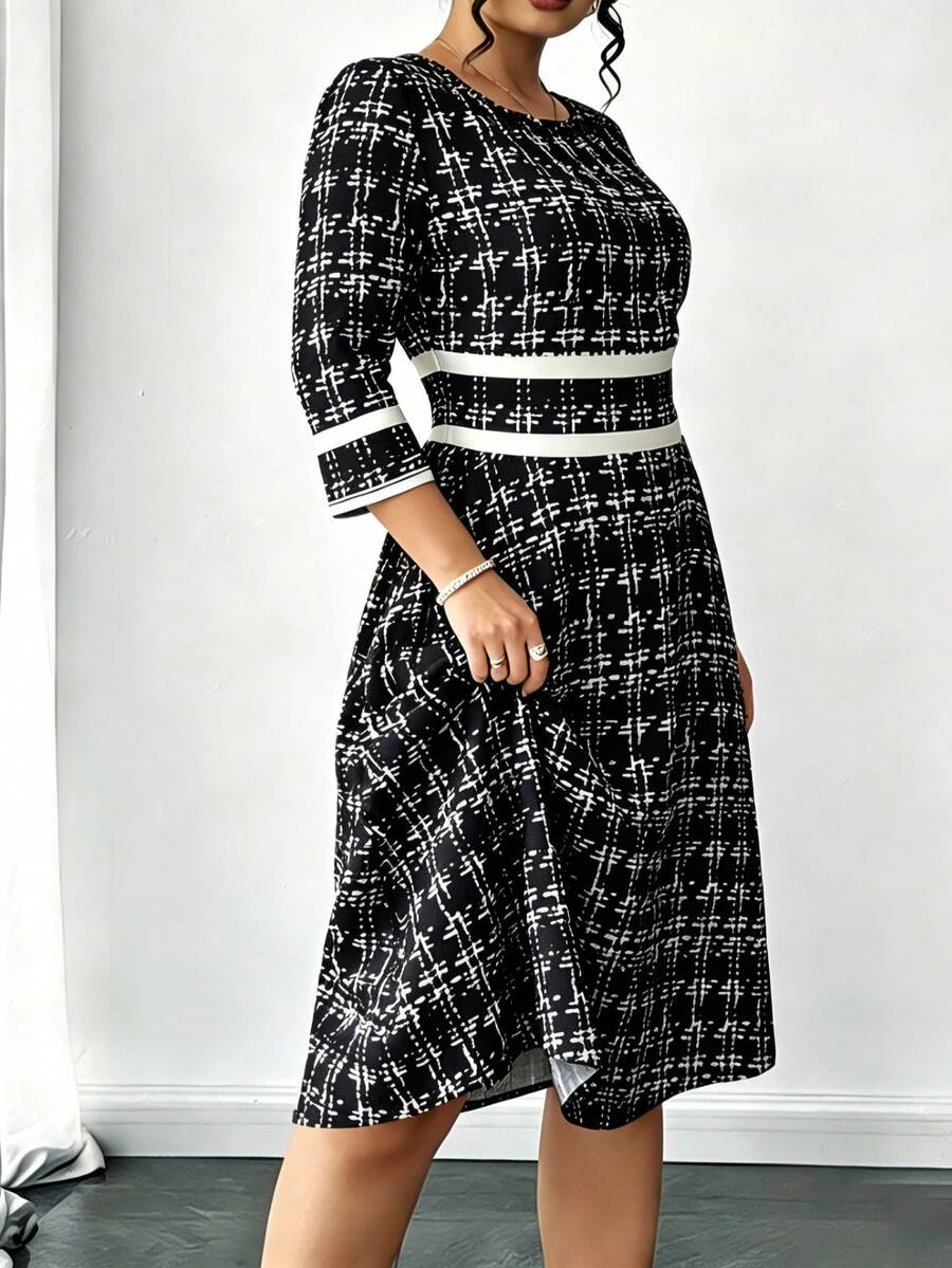 Plus Size Women Elegant Vintage Dress, Spring/Summer 3/4 Sleeve Casual Dress, Ladies Holiday Beach Outfit, Versatile Casual Dress Vacation Black - Black - View 1