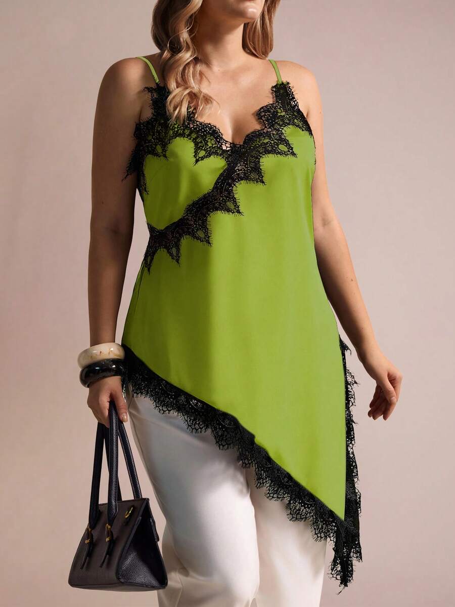 Plus Size Women's Urban Casual Lace Split Asymmetric Hem V-Neck Patchwork Solid Color Camisole Camisole - Green - View 1