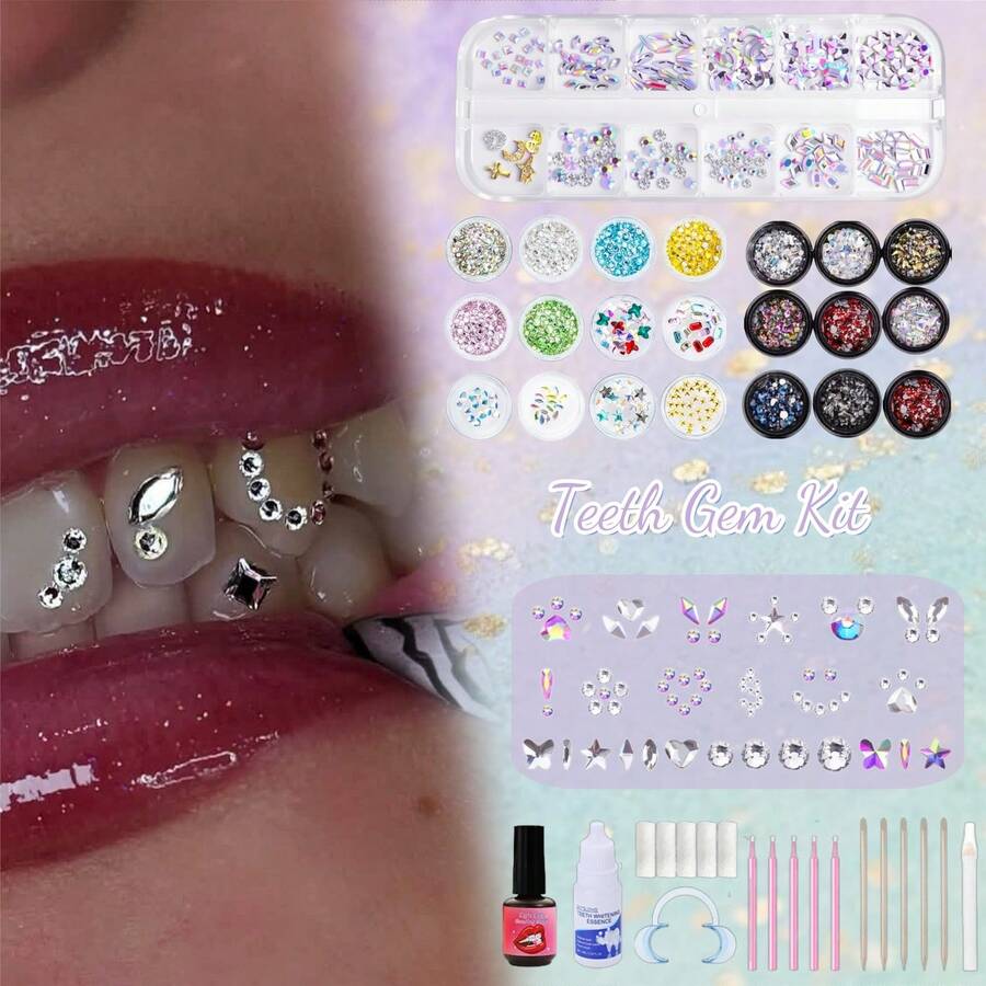 21PCS/1 Set Shiny Geometric Pattern Tooth Inlay Set, Shiny Fashion Tooth Accessory, Suitable For Women's Daily, Party, Gift, Unisex (Glue Not Included, With Box) - Multicolor - View 1