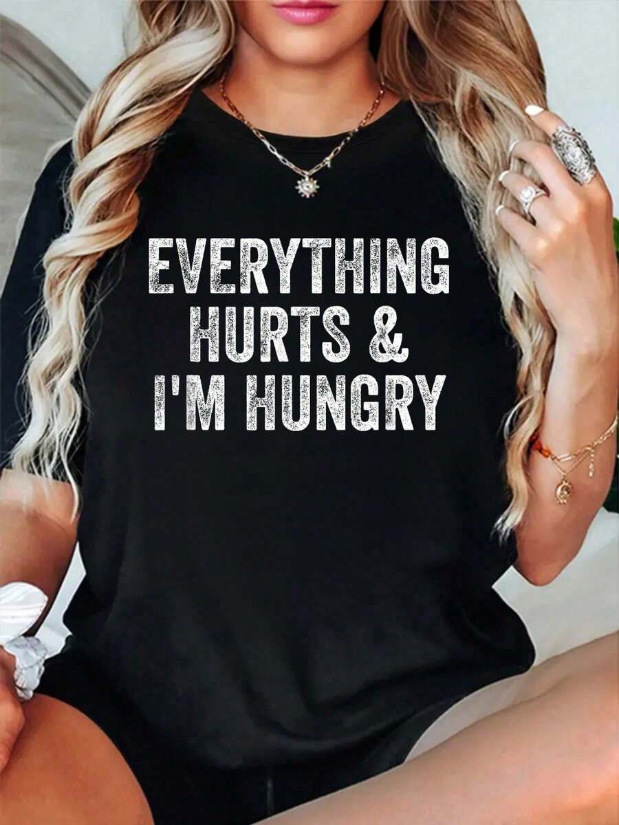 100% Cotton Everything Hurts And I'm Hungry Funny Workout Gym Fitness T-Shirt - 黑色 3 - 查看 1