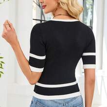 2026 Spring/Summer New Pullover Two-Tone Commuting Versatile Slim-Fit Knit Top In  Style - 7005 - Black With White Trim - View 3
