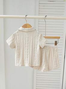 Summer Baby Boy Beige Hollow Plaid Short Sleeve Set, Lapel Button Shirt + Elastic Waist Shorts, 2pcs Outfit - Beige - View 4