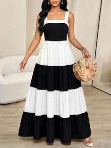 Lady Vestido sin mangas con cuello cuadrado y volantes en el bajo en color contrastante para mujer - Negro - Ver 1