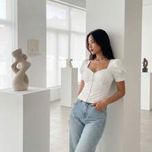Women's White Form-Fitting Blouse, Puff Sleeve Square Neck Corset Top With Metal Zip & Sculpting Seams Casual & Date Night Outfits - 白色 - 查看 7