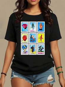 Camiseta de mujer 100% algodón 180g, Ilustración colorida que representa cartas tradicionales mexicanas con símbolos como la rosa el corazón la sirena y el mundo celebrando la cultura latina camiseta para mujer 100% algodón - Negro - Ver 1