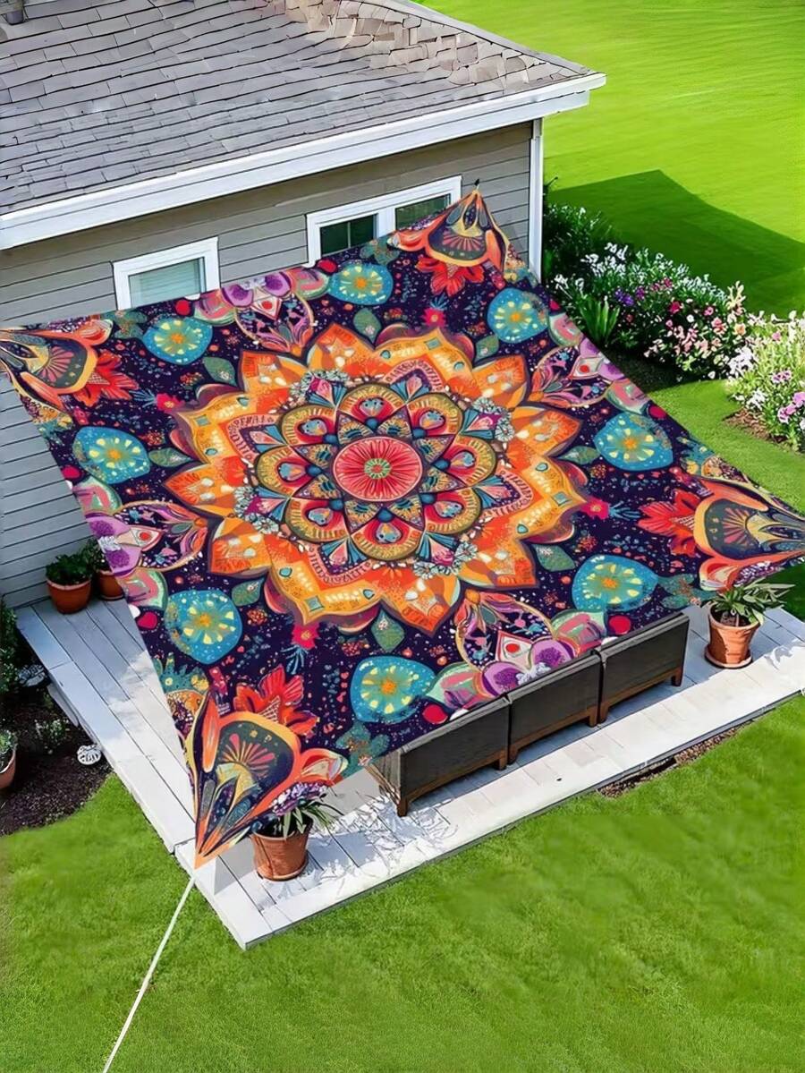 1 pieza Cortina de sombra exterior con patrón de mandala bohemio y degradado - Protección solar reforzada, fácil de instalar y guardar, adecuada para jardín, patio, piscina para uso de 6 personas (postes no incluidos), sombra exterior - B - Ver 1