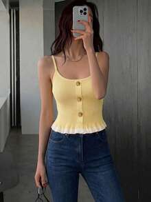 Women's Yellow Ribbed Knit Camisole, Tie-Front Ruffle Trim Camisole, Casual Cropped Tank Top For Summer - Yellow - View 7