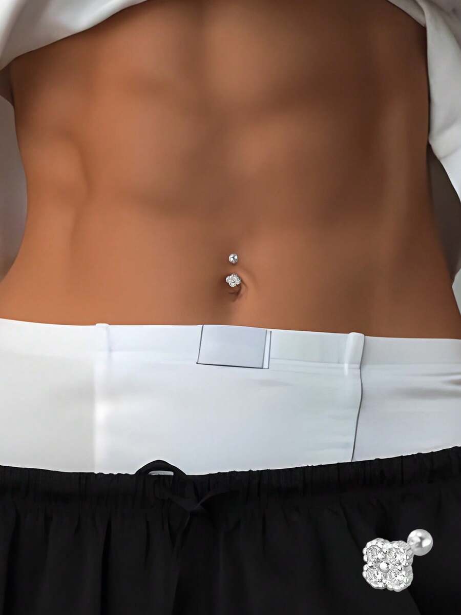 1pc S925 Sterling Silver Zirconia Cubic Clover Belly Ring, Minimalist Unique Design, Suitable For Women's Daily Wear, Ideal Gift For Girlfriend, Mother And Sister - Single - View 1