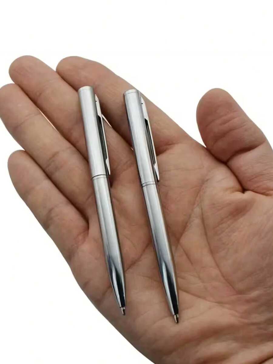 時尚銀色圓珠筆迷你口袋筆套組,中字筆尖,旋轉設計-學校用品、可愛文具,適合商務與辦公使用,開學季必備 - 銀色 - 查看 1
