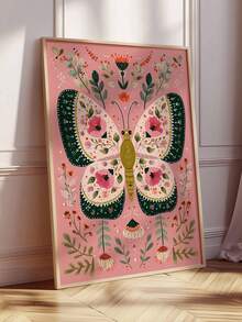 1pc Framed Canvas Wall Art, Bohemian Folk Style Butterfly Wall Decor, Vintage Floral Moth Design, Pink & Green Nordic Style Nursery Decoration, Fantasy Plant Butterfly Poster, Country Nordic Folk Art Painting, Soft Tone Floral Butterfly Wall Art, Cozy Children's Room Artwork, Country Pastoral Style Art - A - View 8
