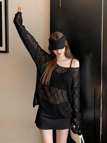 Summer Bohemian American Hot Girl Style One-Shoulder Deep V-Neck Mesh Knit Top - Women's Cropped Hollow Ribbed Sweater Black - Black - View 4