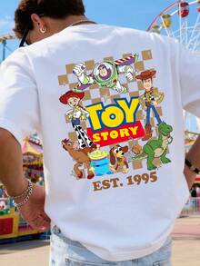 Disney Toy Story T-Shirt With Characters, Retro Cartoon Print, Men's T-Shirt, Pure Cotton, Loose Crew Neck, Casual Everyday Wear, Comfortable And Versatile, Street Style, Summer Wear, A Great Gift For Men. - 白色 - 查看 1