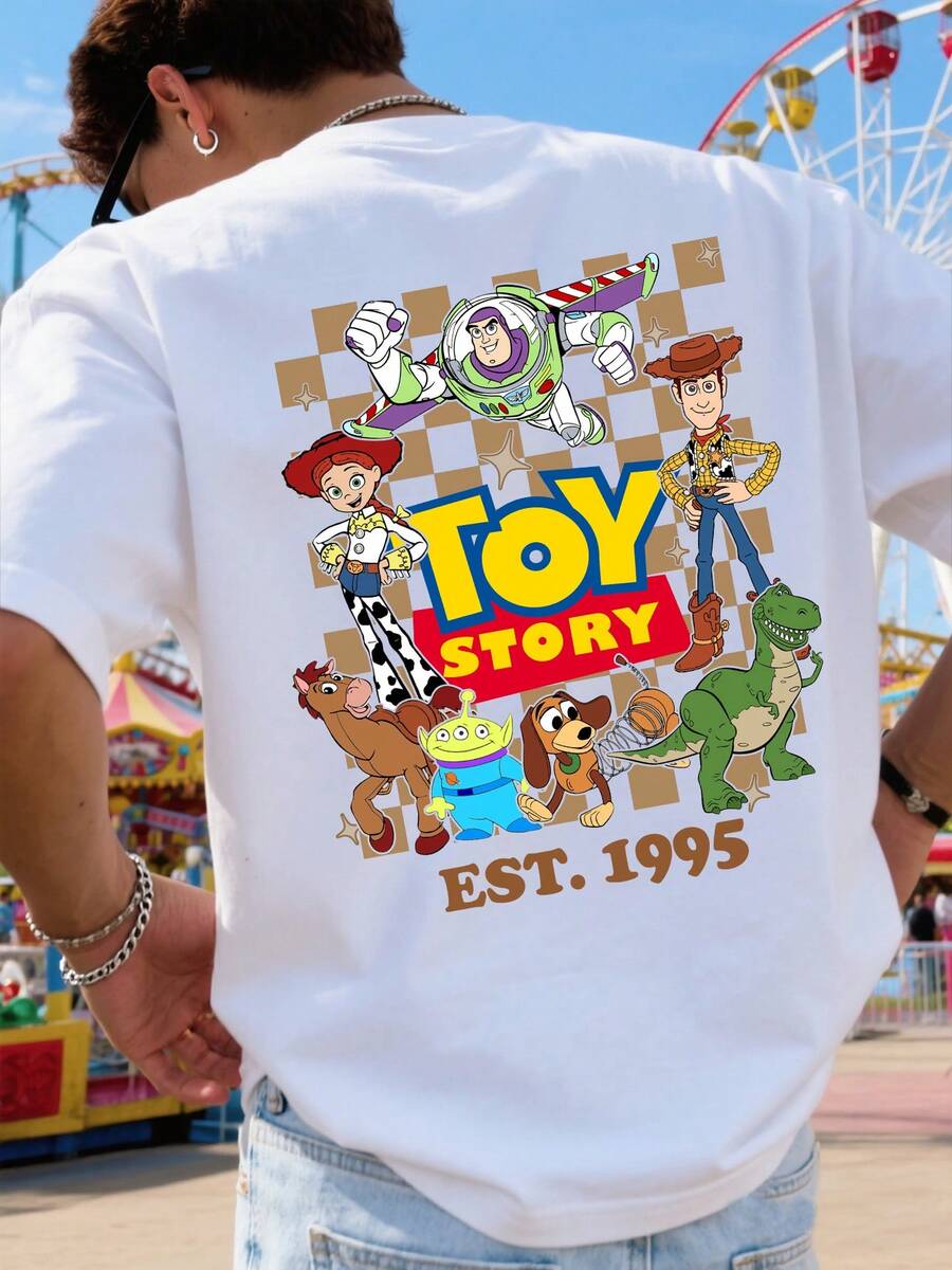 Disney Toy Story T-Shirt With Characters, Retro Cartoon Print, Men's T-Shirt, Pure Cotton, Loose Crew Neck, Casual Everyday Wear, Comfortable And Versatile, Street Style, Summer Wear, A Great Gift For Men. - 白色 - 查看 1
