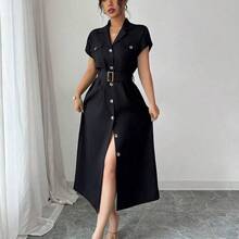 dahkjdgajy  Vestido camisero casual de mujer de unicolor, de manga corta, con cuello de solapa y abotonadura sencilla hasta la mitad del muslo - Verde Oscuro - Ver 2