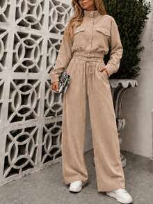 Women's Corduroy Long Sleeve Two-Piece Set, Elegant Casual Aerolook, Perfect Fit, Jacket With Buttons And Functional Pockets, Sizes M And L, Premium Quality, Various Colors Available, Autumn/Winter Season, Warm - 香檳色 - 查看 5