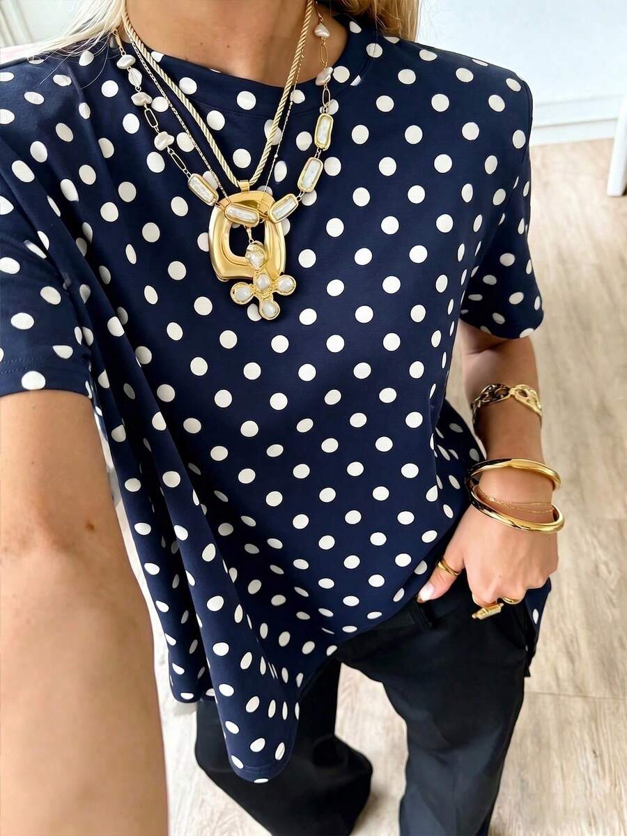 Camiseta de mujer de manga corta y cuello redondo de unicolor con estampado de lunares elegante y versátil, ideal para el estilo de viaje, vacaciones y playa - azul real - Ver 1