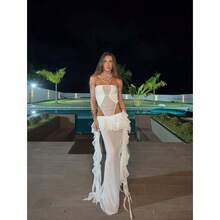 Vestido Vacacional Tul Fruncido Volante Nuevo - Blanco - Ver 6