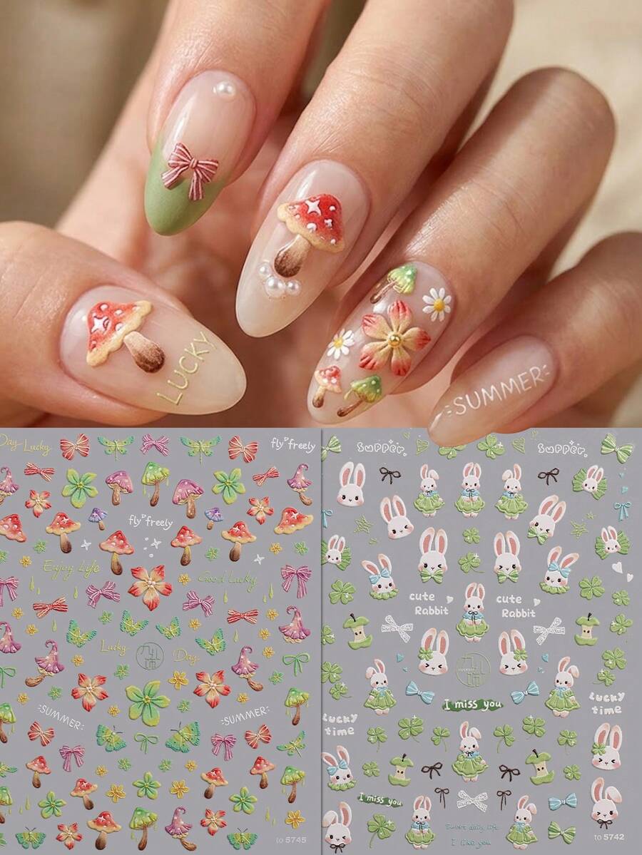 2片裝多色日系甜美風兔子蘑菇蝴蝶結花朵浮雕美甲貼紙 - 田園風3D美甲貼花 - 春夏/畢業季/音樂節/度假/美甲師沙龍DIY美甲藝術裝飾