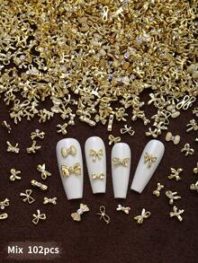 30/50/102pcs Mini Nail Art Decoration Set, Multiple Styles Bow Silver Nail Art Charms, French Versatile Metal Summer Nail Accessories, Suitable For Short Nails, Applicable For Valentine's Day, Music Festival, Multi-Functional DIY Decorations - Multicolor - View 11