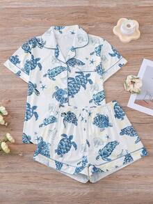 2pcs Women Pajama Set, Sea Turtle Shell Starfish Print, Ladies Loungewear, Spring Summer Holiday Outfit, Short Sleeve Collared Top And Shorts Can Be Worn Outdoors - Navy Blue - View 1