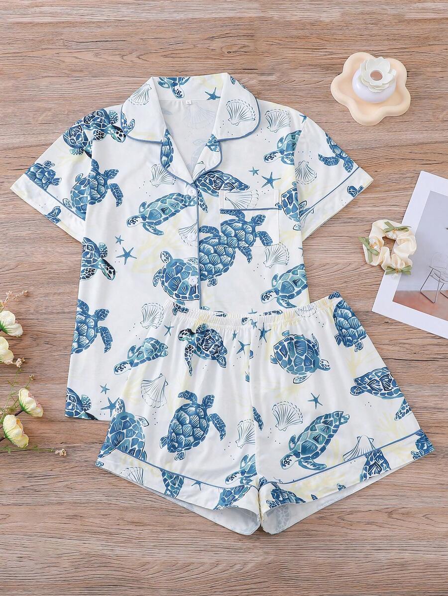 2pcs Women Pajama Set, Sea Turtle Shell Starfish Print, Ladies Loungewear, Spring Summer Holiday Outfit, Short Sleeve Collared Top And Shorts Can Be Worn Outdoors - Navy Blue - View 1