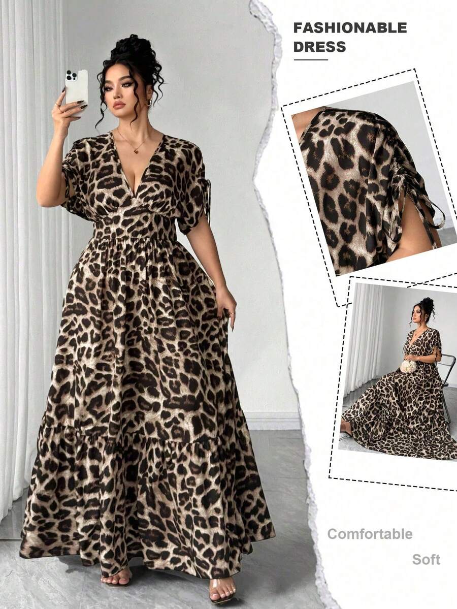 Vestido elegante de mujer talla grande con cuello en V, cintura ceñida y estampado de leopardo con vuelo - Marrón - Ver 1