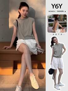 Y6Y 2026 夏季新款韓式風格慵懶時尚正肩圓領百搭休閒顯瘦短袖針織上衣女款 - 灰色 - 查看 6