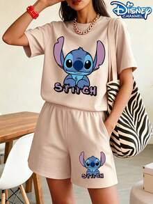 Disney Lilo & Stitch Simple Text Printed T-Shirt & Shorts Set For Women, Fresh Loose Casual Two-Piece Outfit For Summer, Versatile For Loungewear, Sports & Daily Commute, Unisex Couple Matching, Perfect Gift For Friends & Girlfriends, Local Warehouse Fast Shipping & Quick Delivery - 杏色 - 查看 1