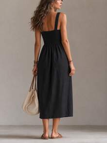 Women's Sleeveless A-Line Dress, Waist Tie, Woven Fabric Casual Summer Dress - Black - View 2
