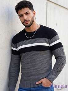 Men's Long-Sleeved Knitted Sweater With Striped Crew Neck - Winter Fashion - Putih gading/Pasir/Hitam - View 3