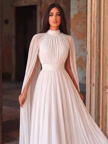 Faeriesty Vintage Solid Color High Collar Cape Sleeve Chiffon Formal Dress/Long Dress/Mid-Length Dress White Fall - White - View 4