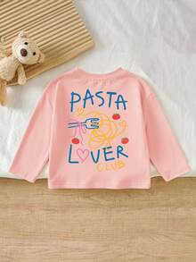1pc Baby Girl Cute Long Sleeve T-Shirt, "PASTA LOVER CLUB" Print, Soft Fabric, Casual Style - Pink - View 3