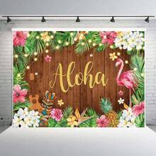 1 pieza Pancarta de fondo para fiesta de verano Aloha Luau, fondo de flamenco hawaiano, pancarta de decoración de madera con hojas de palma y flores, adecuada para fiesta de cumpleaños, pancarta para mesa de pastel, fondo de fotografía para decoración de fiesta temática - perfecta para decoración de sala de celebración, decoración de eventos interiores & exteriores, suministros para fiestas, celebración de vacaciones, aniversario, fiesta de regalos, sin necesidad de electricidad, esencial para la planificación de eventos - Multicolor - Ver 2