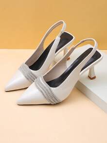 1 Pair Silver Teen Spring/Summer Rhinestone Pointed Toe Slingback Sandals, Matte PU Material + Multi-Layer Rhinestone Decor, Stiletto Heel With Elastic Back Strap Design, Versatile Commuter High Heels, Suitable For Office / Date / Party Occasions, 2026 New Women's Shoes - Silver - View 1
