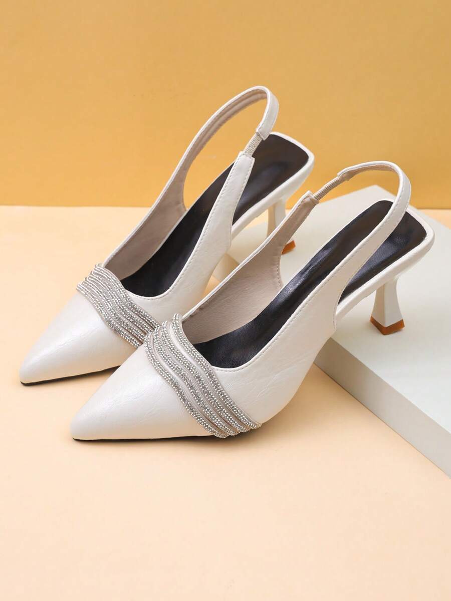 1 Pair Silver Teen Spring/Summer Rhinestone Pointed Toe Slingback Sandals, Matte PU Material + Multi-Layer Rhinestone Decor, Stiletto Heel With Elastic Back Strap Design, Versatile Commuter High Heels, Suitable For Office / Date / Party Occasions, 2026 New Women's Shoes - Silver - View 1
