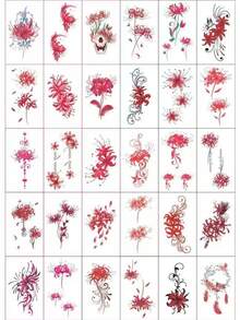1pc Tattoo Sticker - Ink Splatter Red Pearl Lotus Pattern, Minimalist Vertical Design, Temporary Tattoo Sticker, Washable PVC Material, Waterproof And Sweatproof, Suitable For Hands, Arms, Waist, Abdomen, Back, Legs - Non-Reflective, Realistic Tattoo Design, Suitable For Travel, Music Festivals, Games, Graduation Gifts, Daily Use. Lasts 3-5 Days. - Multicolor - View 2