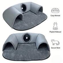 2-In-1 Cat Tunnel Bed With Plush Cushion, Multi-Size Optional, Soft Warm Hideaway With Interactive Toy, Cozy Cat Play & Rest Cave For Indoor Cats - Grey - View 10
