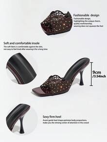 Jin Bei Qi Women's Slip-On Luxury Mesh Rhinestone Embroidered Square Toe Fan-Shaped Textured High-End Comfortable Wine Glass Heel Open Toe Sexy High Heel Party Shoes Brown - Brown - View 9