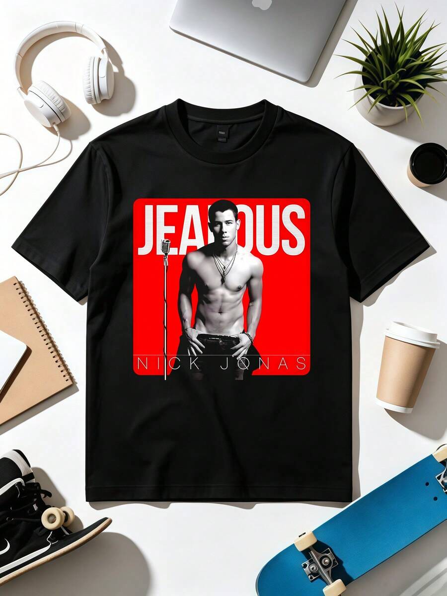 Nick Music And Jonas T-Shirt, Casual Cotton T-Shirt With A Crew Neck And Short Sleeves, Unisex Print T-Shirt. Soft Fabric, Loose-Fitting, Everyday Leisure T-Shirt. - 黑色 - 查看 1